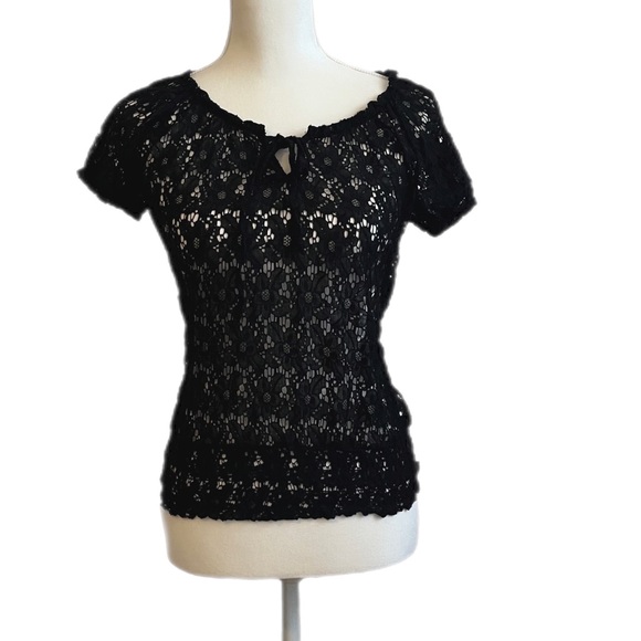 Lace Peasant Top with Tie Front Black Size M - Picture 1 of 5